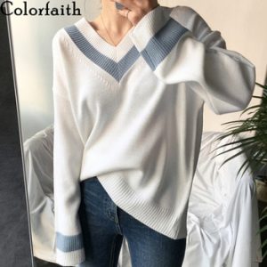 Colorfaith New 2021 Winter Spring Women's Sweaters V-Neck Pullover Korean Style Minimalist Casual Female Jumpers SW8853