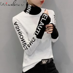 Fall Winter European Clothes Tshirt Chic Patchwork Letter Thick Broshed Long Sleeve Brushed Cotton Tops Ropa Mujer Tees T00514A