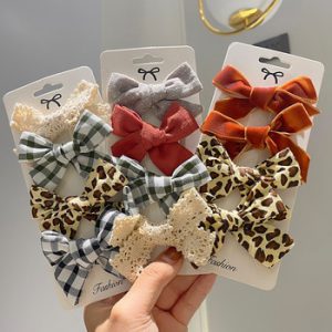 4 Pcs/set Cotton Linen Leopard Print Hair Bows With Clip For Girls Plaid Hair Clips Barrettes Hairpins Headwear Hair Accessories