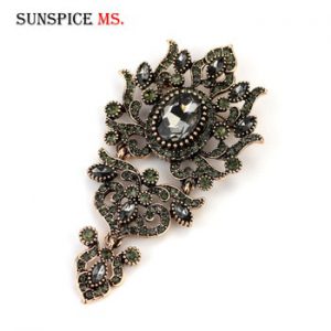 Sunspicems Gray Crystal Women Brooch Pins Vintage Turkish Wedding Jewelry Antique Gold Color Alloy Family Banquet Gift