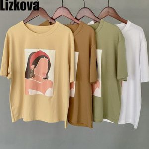 Lizkova 95% Cotton TShirt Women Short Sleeve Tee Shirt Vintgae Characters Print Summer 2020 Harajuku O-neck Casual Tops