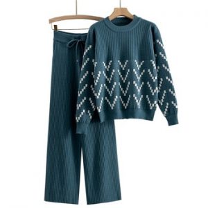 GIGOGOU Women Sweater Two Piece Knitted Sets Jacquard Tracksuit Chic Pullover Crewneck Long Sleeve Top Wide Leg Pants 2020