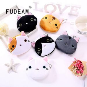 FUDEAM Soft Plush Cat Cartoon Women Coin Purse Mini Cute Animal Oval Zipper Children Girl Coin Wallet USB Cable Headset Bag