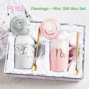 FSILE Marble Pattern Cup Gold Rim Mug Gift Box Set Coffee Cup  Couple Women Cup Flamingo Cup Ceramic with Hand Ceremony