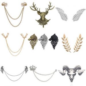 Vintage Angel Wings Deer Wolf Cat Brooch For Women Multiple Layers Chain Crown Skull Head Brooches Shirt Collar Pins Broches