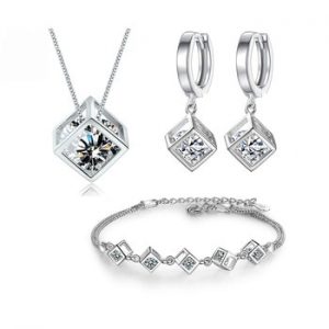 ANENJERY 5 Style 925 Sterling Silver Jewelry Sets Zircon Square Cube Necklace+Earrings+Bracelet For Women Gift