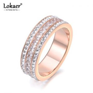 Lokaer Fashion Jewelry Rose Gold Color 3 Rows Ring With Clay Crystals & AAA Zircon Stainless Steel Ring 6mm Width R18132