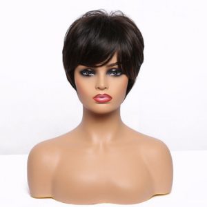 EASIHAIR Short Black Straight Brown Highlight Wigs With Pixie Cut Bangs High-temperature Fiber Synthetic Wigs Cosplay for Women