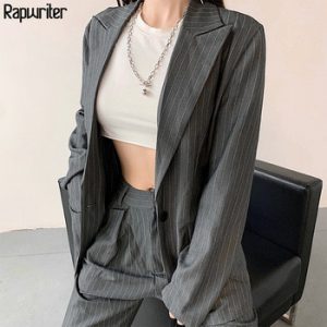 Rapwriter Streetwear Striped Blazer And Straight High Waist Suit Pant Two Piece Suit Set Women Outfits 2020 Trend Clothes Female