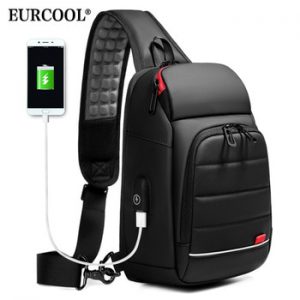 EURCOOL Men Chest Bag for 9.7" iPad USB Backpack Charging Short Trip Messenger Bags Water Repellent Crossbody Shoulder Bag n1901