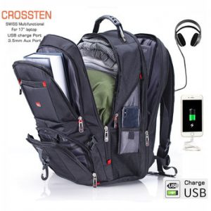 Crossten 17" Laptop Backpack Waterproof USB Charge Port Swiss-style Multifunctional Rucksack Schoolbag Mochila Hiking Travel bag