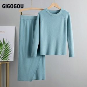 GIGOGOU Basic O Neck Knitted Jumper For Women Sweater 2 Piece Sets Pullover Tops Chic Long Sleeve Thick Christmas Sweatersuits