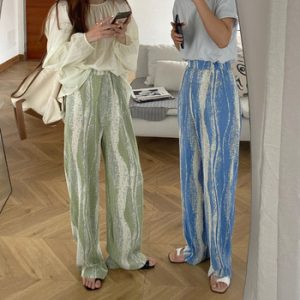 Rendering Pleat Thin Casual Wide Leg Straight Pants Glittering Fashion Long Pants Elastic Waist Trouser Floor-Length Pants