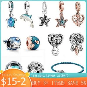 925 Sterling Silver Women Jewelry Ocean Series Narwhal Charm Starfish Ocean Waves & fish Beads fit 3mm Bracelet DIY Pendant