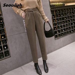 Autumn Winter 2020 New Woolen Formal Women's Harem Pant Sashes High Waist Office Lady Ankle-Length Chic Elegant Pant Pocket