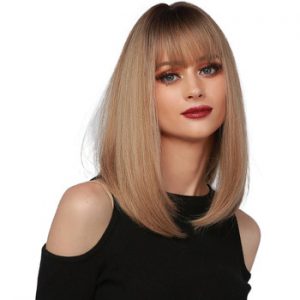 CharmSource Medium Length Straight Light Brown Omber Wigs with Bangs Synthetic Wig for Women Cosplay Natural Hair Heat Resistant