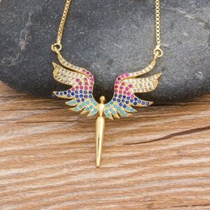 Classic Angel Wings Rainbow Pendant Necklace Copper Cubic Zirconia Gold Chain Necklace Best Party Wedding Jewelry Gift For Women