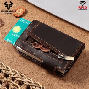 HUMERPAUL RFID Blocking Credit Card Holder Crazy Horse Leather Coin Purse Pocket Aluminium Box for Men ID Card Case Male Wallet