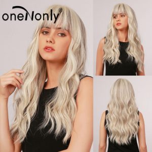 oneNonly Long Body Wave Ombre Mixed Blonde and Light Brown Synthetic Wigs with Bangs for Women Cosplay Daily Hair Heat Resistant