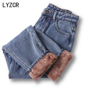 LYZCR Winter Jeans Woman 2020 Vintage Velvet Warm Harem Jeans Fleece Mom Loose High Waist Women's Boyfriend Jeans For Women