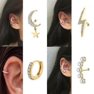 New Fashion Star Moon Earring Punk Minimalist For Women Metal Buckle Piercing Ear Clip Puncture Pearl Earrings Jewelry