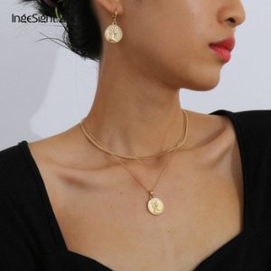 IngeSight.Z Fashion Double Layered Carved Coin Portrait Choker Necklace Collar Simple Gold Color Necklaces Earrings Jewelry Set