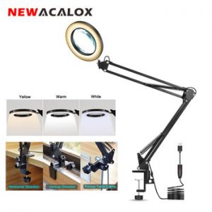 NEWACALOX Folding USB 5X Magnifying Glass 3 Colors LED Illuminated Magnifier Table Clamp Reading Soldering Loupe Third Hand Tool