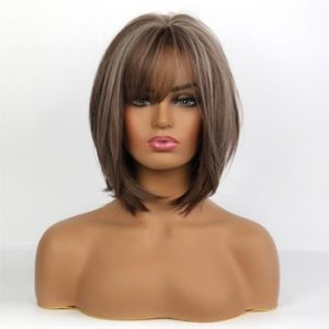 Element Short Straight Synthetic Brown Mix Gray Hair Cute Bob Wigs with Bangs for White/Black Women Cosplay Party or Daily Wear