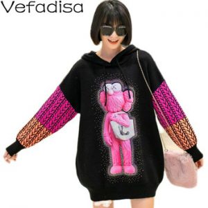 Vefadisa Diamond Cartoon Print Women Sweater 2020 Autumn Winter Thick Plus Size Patchwork Coat Hooded Pullover Knitted QYF4318