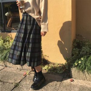 Vintage Wool Pleated Plaid Skirt Women High Waist Plus Size Long Skirt 2020 Autumn Winter Harajuku Female Party Skirt Streetwear