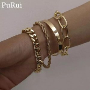 PuRui 4pcs Punk Curb Cuban Chain Bracelets Set for Women Miami Boho Thick Gold Color Charm Bracelets Bangles Fashion Jewelry