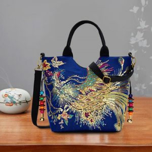 Women Shoulder Bag Handmade Embroidery Peacock Bohemia Ethnic Style Retro Handbag Large Capacity Tote Messenger Bag for Girl