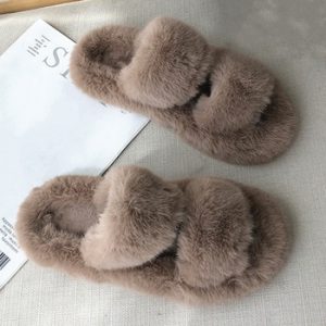 Winter House Women Fur Slippers Fashion Cross Band Warm Plush Ladies Plush Shoes Cozy Open Toe Indoor Fuzzy Slides For Girls