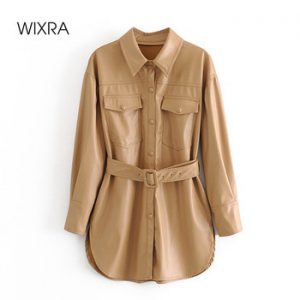 Wixra Womens Faux Leather Jackets Sashes PU Coat Turn-down Collar Solid Jacket With Velvet High Street Autumn Spring