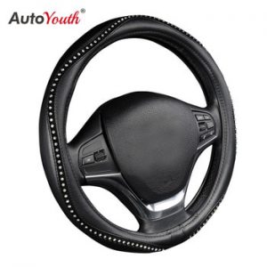 Fashion Steering Wheel Cover Black Lychee Pattern with Luxury Crystal Rhinestone M size Fits 38cm/15" Diameter