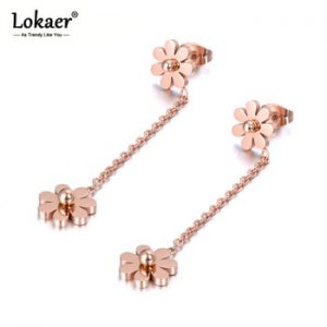 Lokaer Double Small Daisy Long Earrings Female For Woman Titanium Rose Gold Color Steel Jewelry Girls The Best Gift E18330