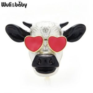 Wuli&baby Enamel Ox Cow Brooches Women Cute Cartoon Wear Glasses Cow Animal Brooch New Year Jewelry Gifts