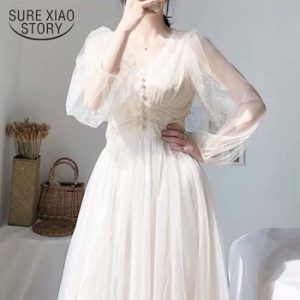 2021 Women Spring Dress Vintage Elegant with Button A-Line Dress Solid Puff Sleeve Lace Voile Mesh Dress Women Vestidos 8126