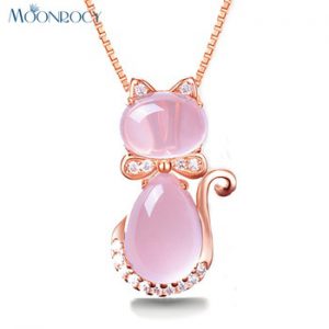 MOONROCY Rose Gold Color Cute Cat Ross Quartz Pink Opal Jewelry Necklace for Women Girls Children Gift Choker Drop Shipping