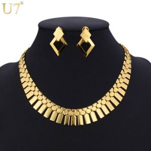 U7 Dubai Big Gold Color Earrings Choker Necklace Set For Women Gift Geometry Fashion Ethiopian African Costume Jewelry Set S460