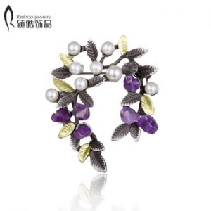 Colorful Natural Stone Leaf Brooches Pins Vintage Style Imitation Pearl Big Women Brooch Wedding Accessories Jewelry