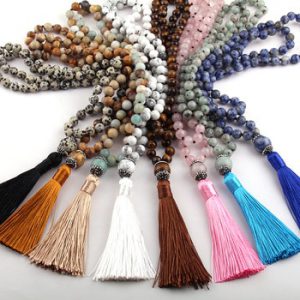 Free Shipping Bohemian Tribal Jewelry Fashion Natural Semi Precious Stones Knotted Handmake Paved Stone Tassel Necklace