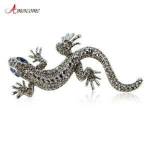 Amorcome Lizard Brooches For Women Silver Color Alloy Rhinestone Crystal Paved Vintage Large Animal Brooch Jewelry