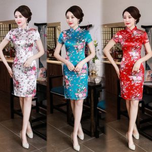 Traditional Chinese Style Cheongsam Mini Dresses Female Oriental Bride Wedding Qipao Dresses Retro Slim Evening Party Gown