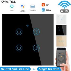 SMATRUL WiFi Touch Glass Wall Switch Light No Neutral Wire EU UK 1/2/3/4 Gang 220V Smart Life  APP Timer Tuya Google Home Alexa