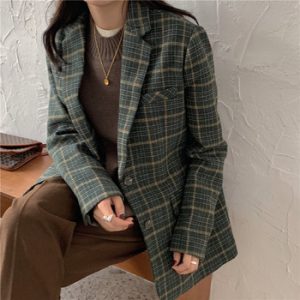 Women's jacket Korean Style Vintage Woolen Plaid Coat Blazer Female Retro Spring Autumn Outerwear Coat