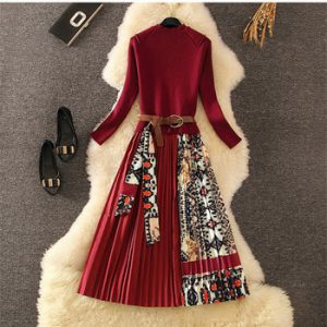 Elegant Knitted Patchwork Pleated Midi Dress 2019 Fall Winter Fashion Women Long Sleeve Ethnic Retro Printing Pleated Dress