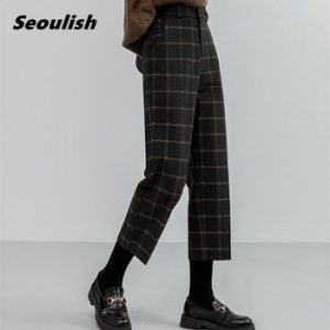 2020 New Autumn Winter Woolen Plaid Women Formal Straight Pants High Waist Ankle-Length Chic Loose Ladies Pants Pocket Plus Size