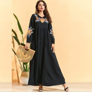 Siskakia Black Floral Embroidery Long sleeve Dress Loose Casual Empire Swing Maxi Dresses Muslim Arab Prayer Abaya Fall 2020 New