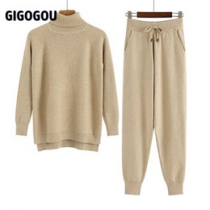 GIGOGOU 2 Pieces Set Women Knitted Tracksuit Turtleneck Sweater + Carrot Jogging Pants Pullover Sweater Set CHIC Knitted Outwear